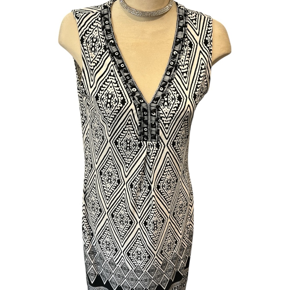 ESQUALO Black & White Sleeveless V-Neck Geometric Dress Sz Large